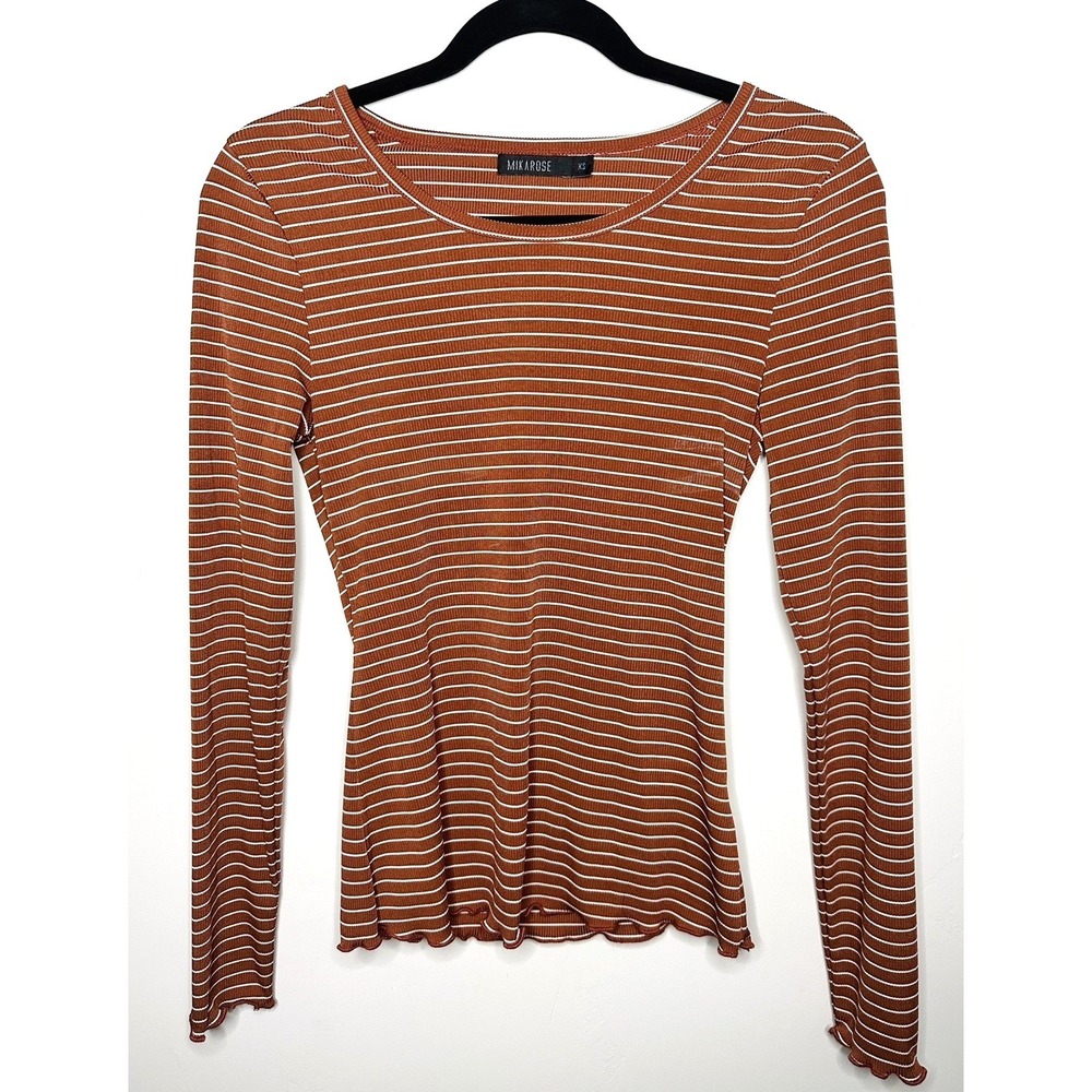 Mikarose Women's XS Rust Striped Ribbed Long Sleeve Top Minimalist Earth Tones